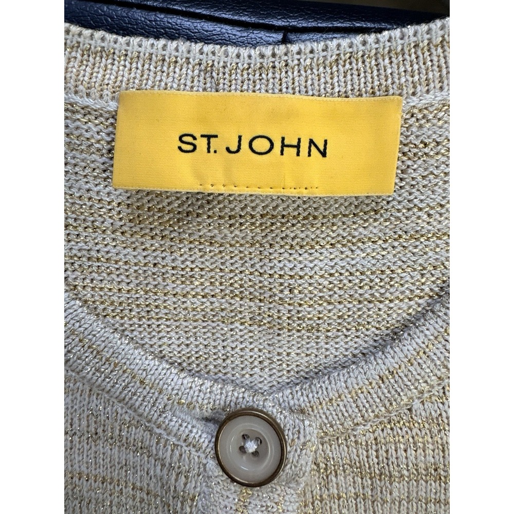 St. John Wool‎ Blend Metallic Gold Knit Cardigan Sweater Women's M Beige - Picture 6 of 10